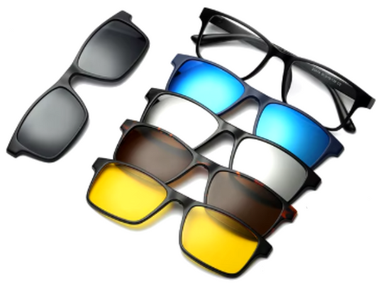 Lunettes de soleil avec fixation magnétique pour changer les verres, avec 5 verres interchangeables pour tout type de climat et de température.