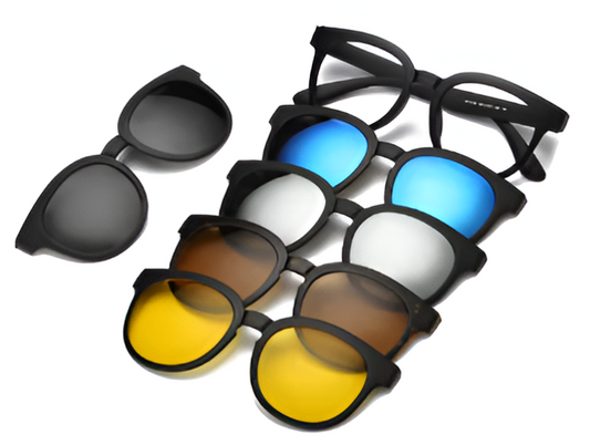 Lunettes de soleil avec fixation magnétique pour changer les verres, avec 5 verres interchangeables pour tout type de climat et de température.