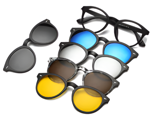 Lunettes de soleil avec fixation magnétique pour changer les verres, avec 5 verres interchangeables pour tout type de climat et de température.